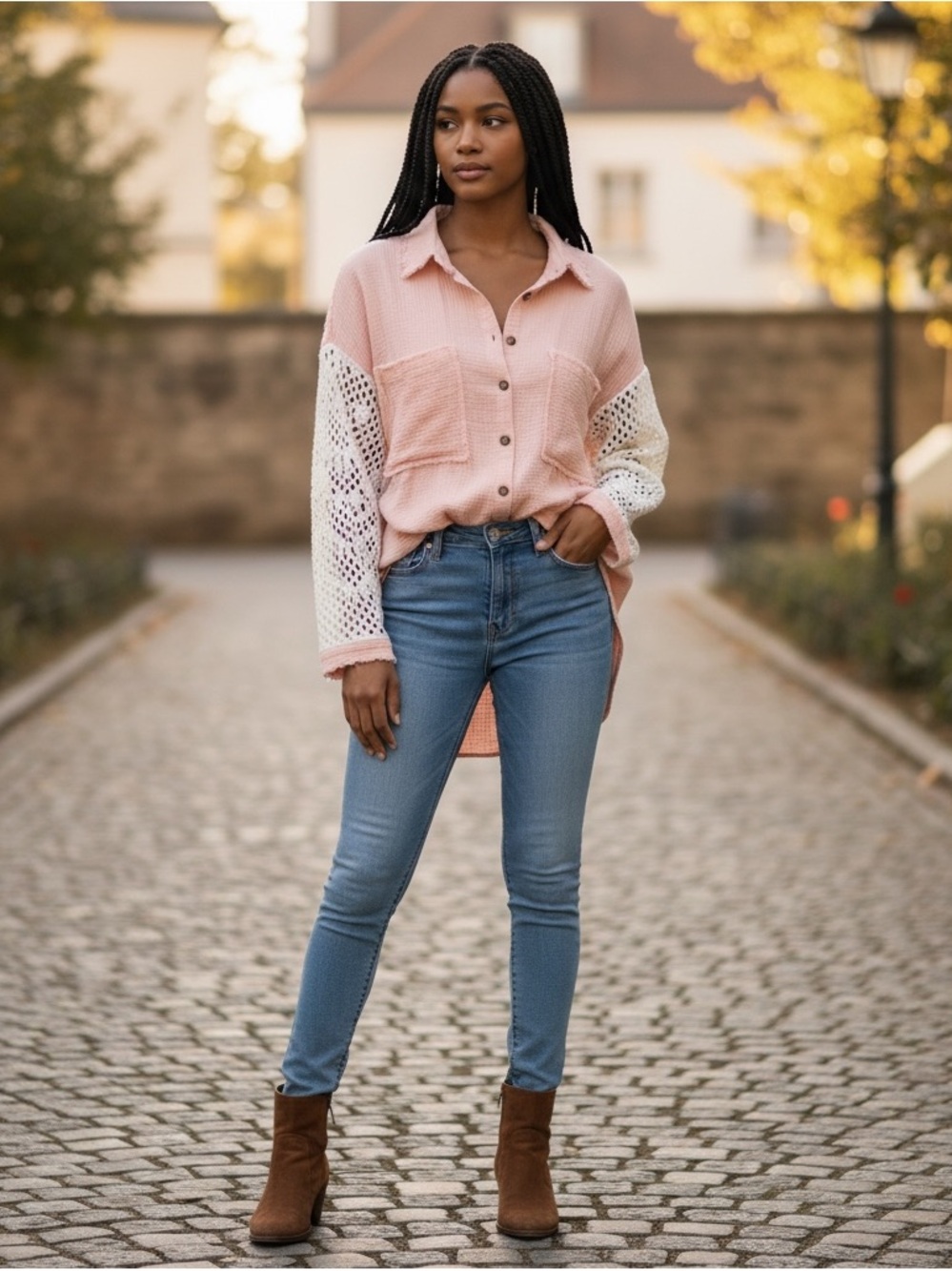 POL Pink Button-Down Gauze Shirt with White Crochet Sleeves